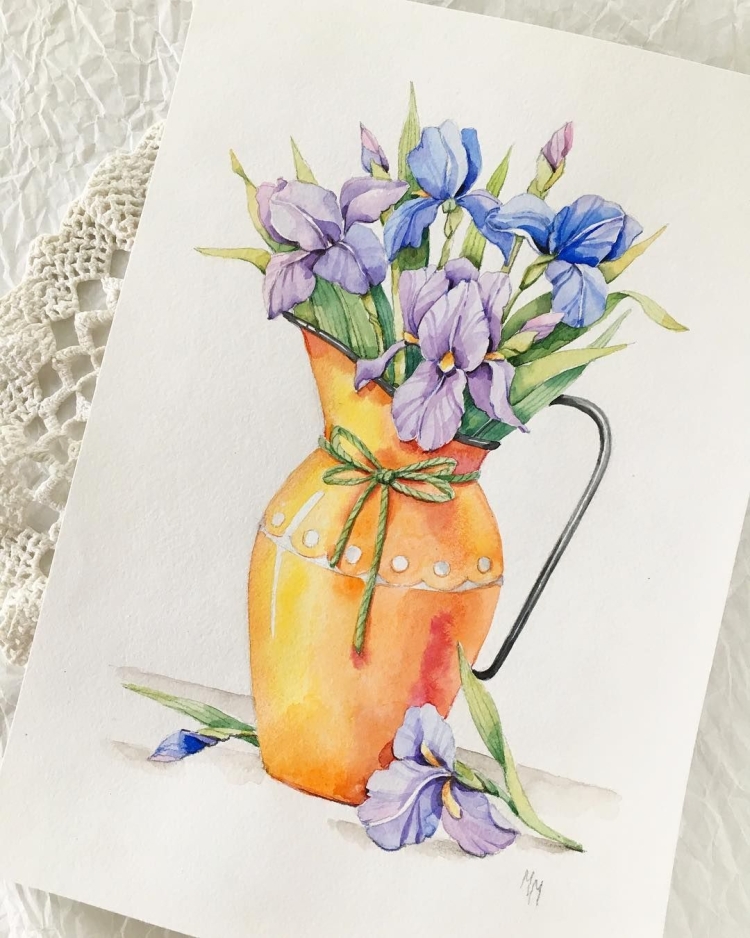 Рисунок акварелью цветы в вазе