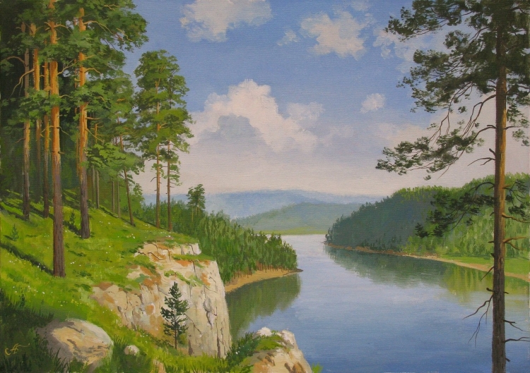 Озеро в лесу рисунок