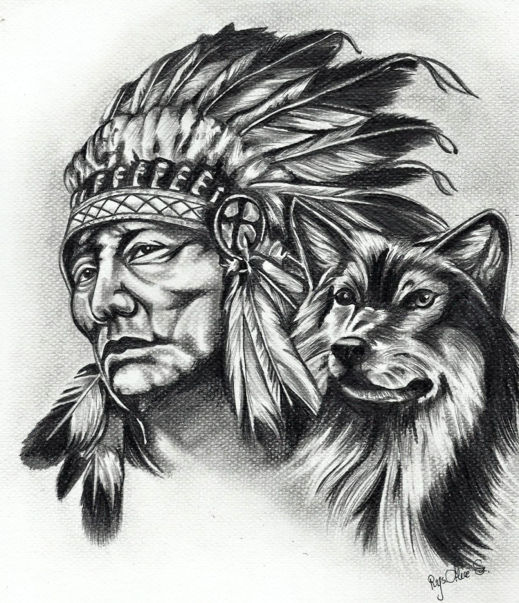 Тату индеец с волком на голове (ID: )