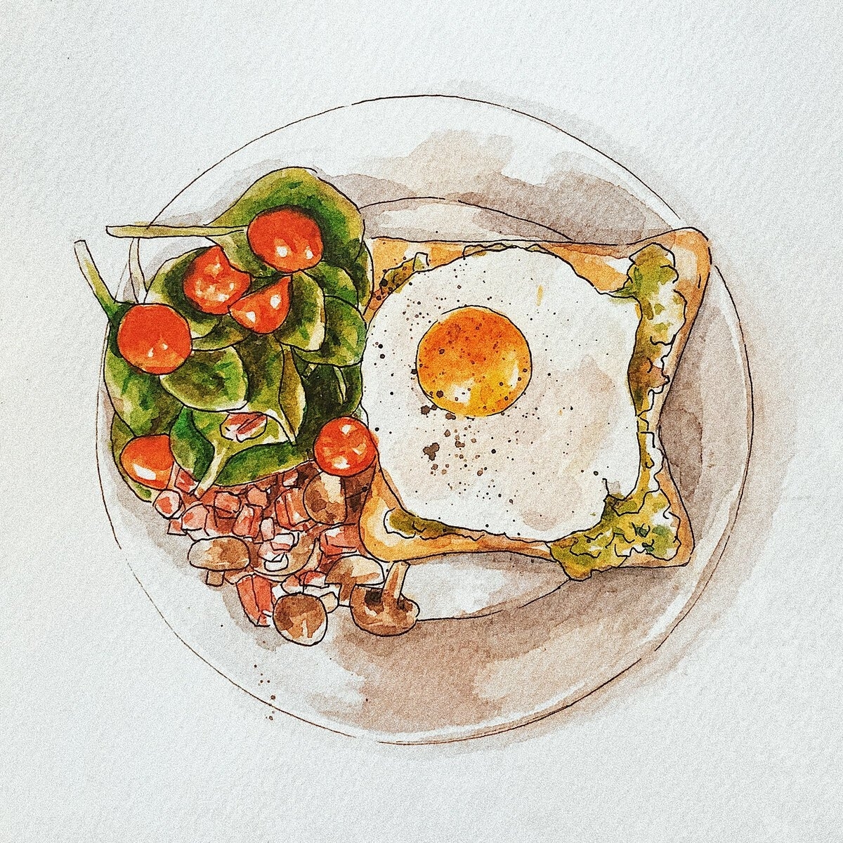 Завтрак акварель. Рисунки еды. Акварельные иллюстрации еды. Тарелка с едой акварель. Участки застроены приготовленный завтрак иллюстрированные