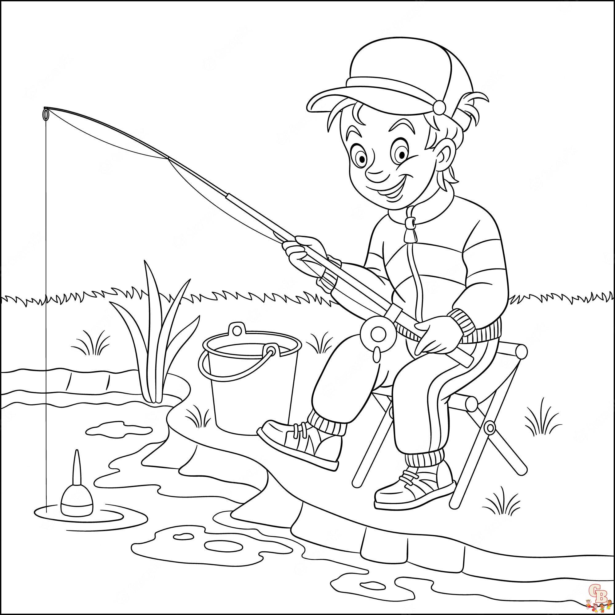 Симпатичный мальчик на рыбалке. мультяшная раскраска для детей. | Премиум векторы