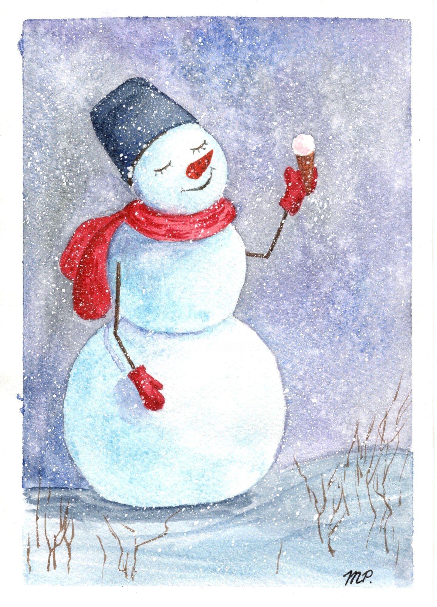 Снеговик рисунок красками - 55 фото