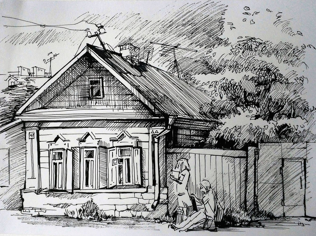 Рисунки карандашом деревенский дом (35 фото)