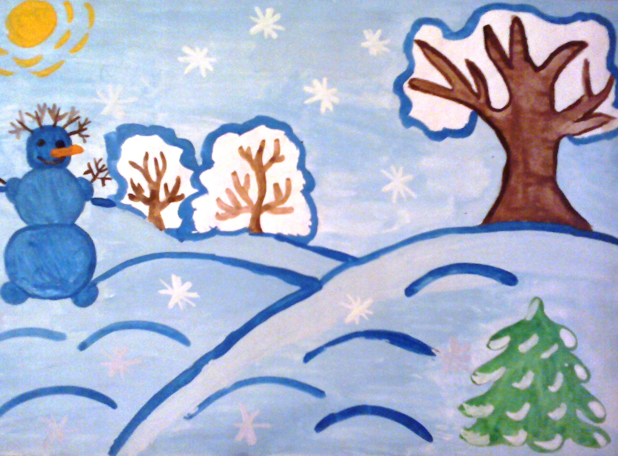 зимний пейзаж детский рисунок