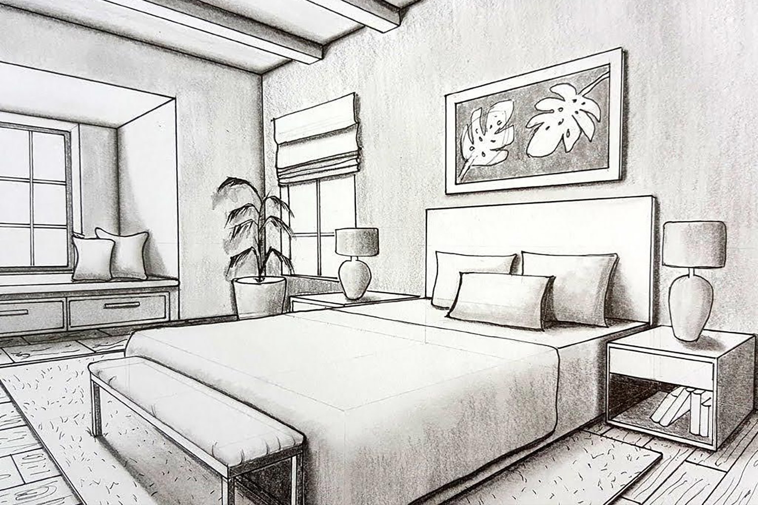 эскиз интерьера комнаты карандашом