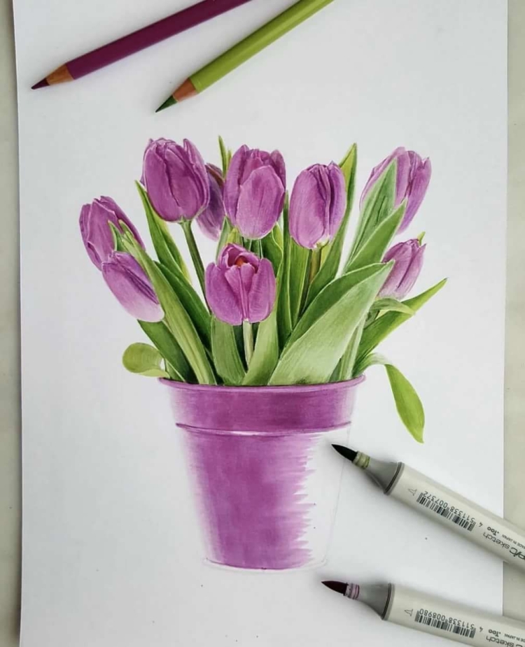 Цветы в вазе цветными карандашами
