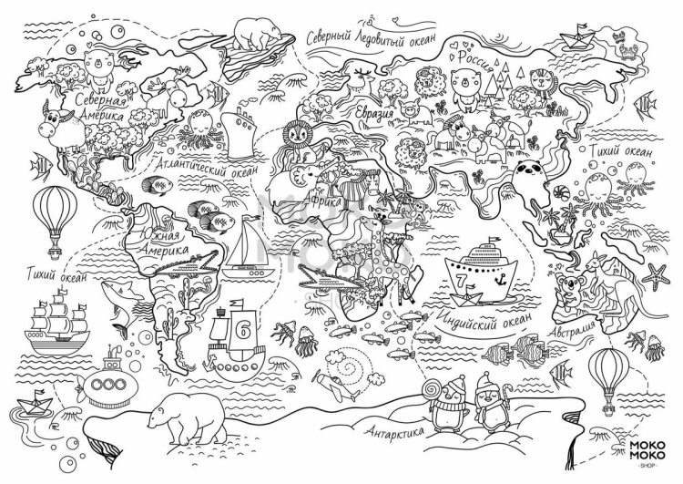 Плакат-раскраска «Карта мира. Животные» 840х590 мм