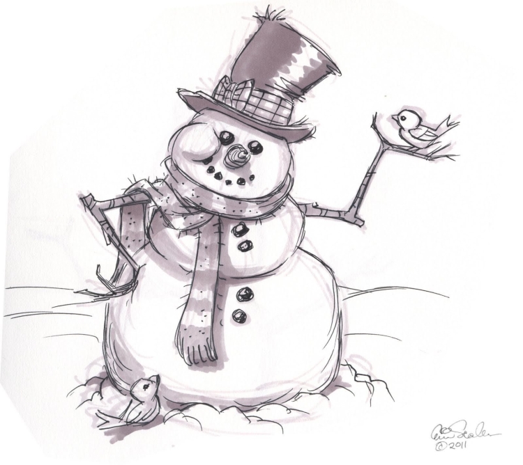 Новогодний снеговик рисунок карандашом