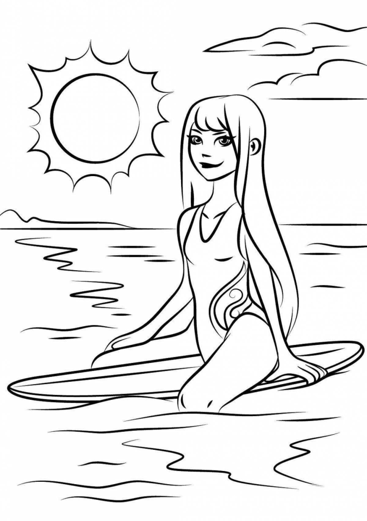 Раскраска лето девочка на пляже в купальнике для детей распечатать
