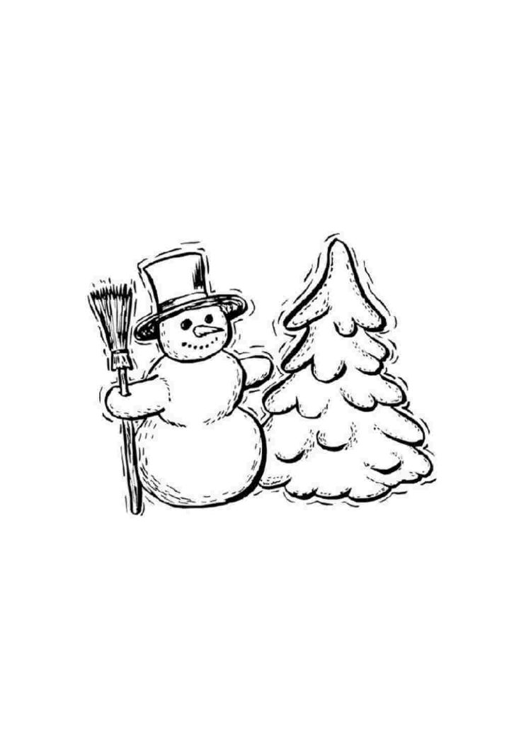 Раскраска снеговик наряжает новогоднюю елку распечатать на А4 бесплатно
