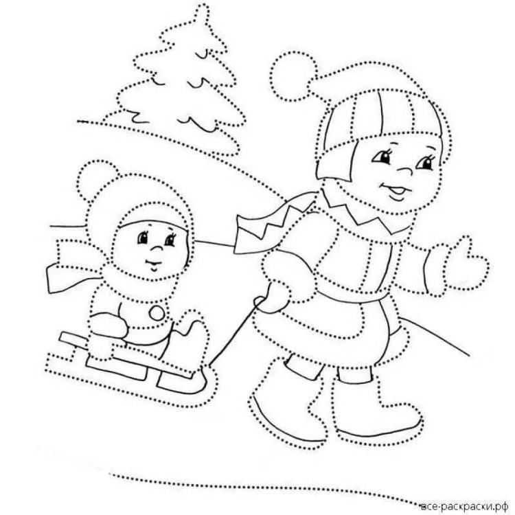 Раскраска. Зимние забавы. Зимой дети любят играть в снежки. Найди 12 отличий между картинками.