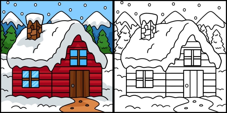 Рисунок домик зимой